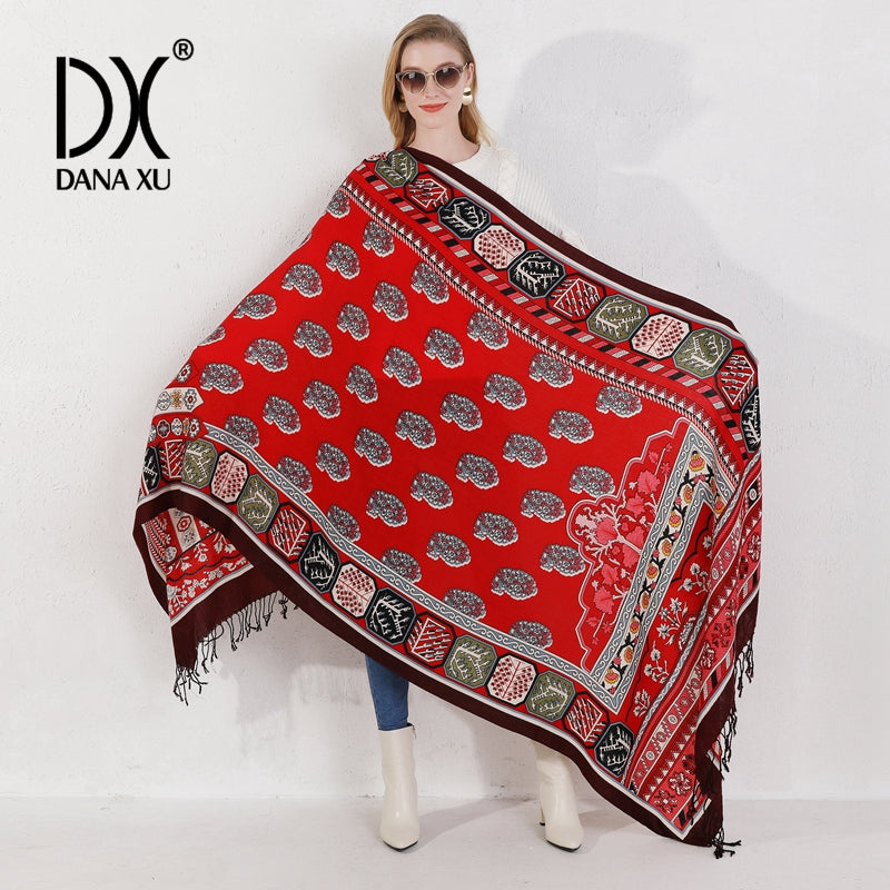 DANA XU 100% Merino Wool Extra Large Pashmina Blanket Travel Scarf Cashmere Wrap for Women Fall Winter Oversize Shawl Floral