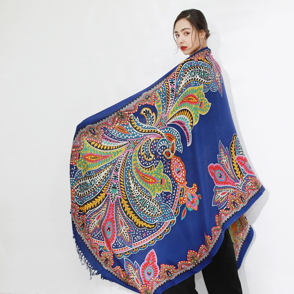 DANA XU 100% Merino Wool Extra Large Pashmina Blanket Travel Scarf Cashmere Wrap for Women Fall Winter Oversize Shawl Floral