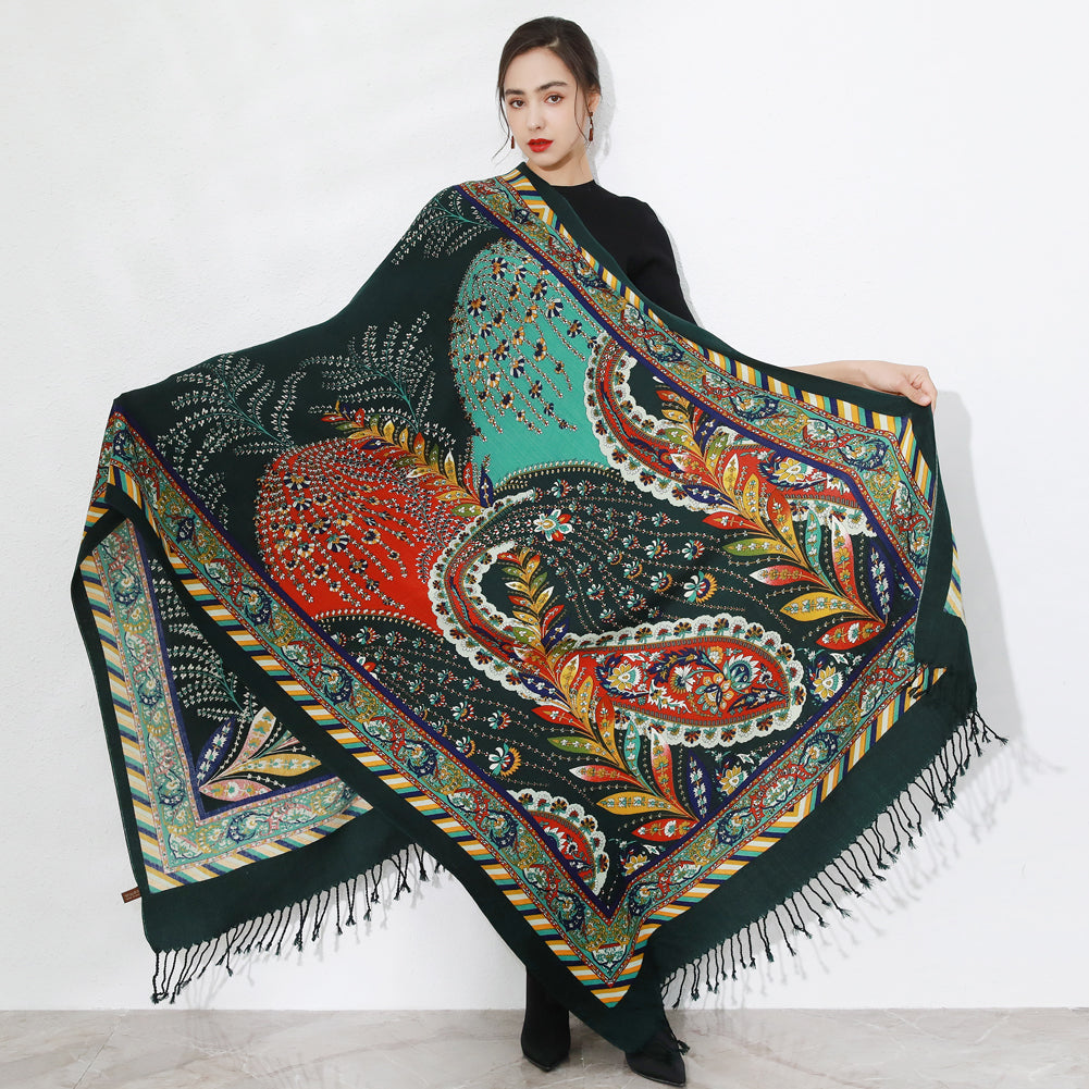 DANA XU 100% Merino Wool Extra Large Pashmina Blanket Travel Scarf Cashmere Wrap for Women Fall Winter Oversize Shawl Floral