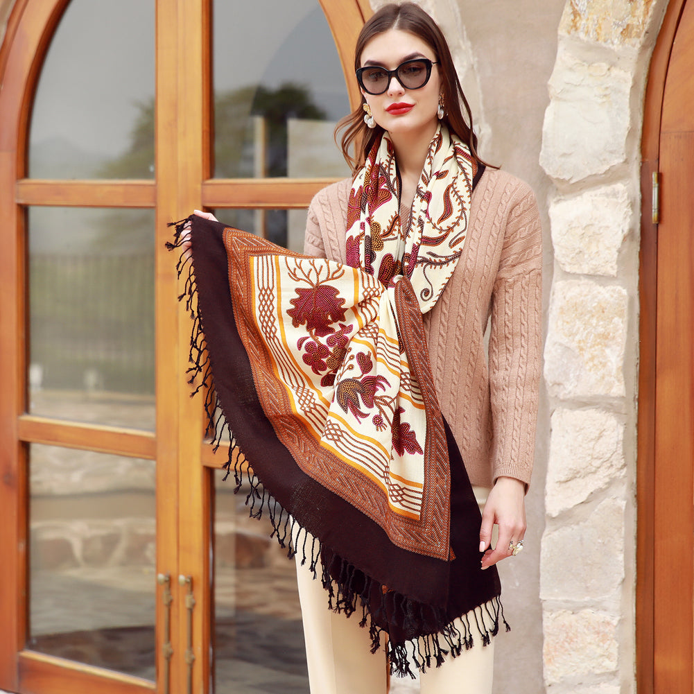 DANA XU 100% Merino Wool Extra Large Pashmina Blanket Travel Scarf Cashmere Wrap for Women Fall Winter Oversize Shawl Floral