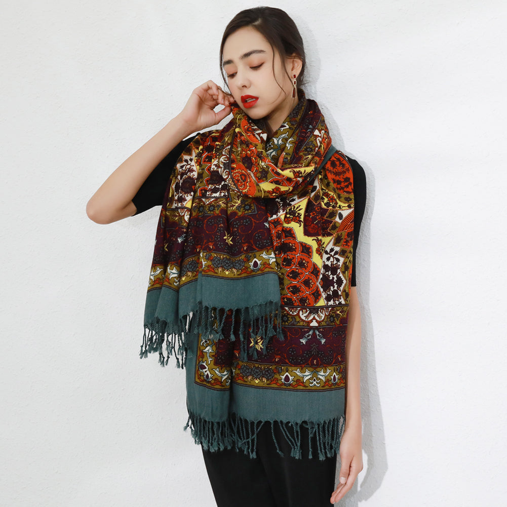 DANA XU 100% Merino Wool Extra Large Pashmina Blanket Travel Scarf Cashmere Wrap for Women Fall Winter Oversize Shawl Floral