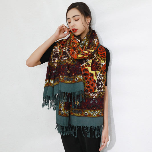 DANA XU 100% Merino Wool Extra Large Pashmina Blanket Travel Scarf Cashmere Wrap for Women Fall Winter Oversize Shawl Floral