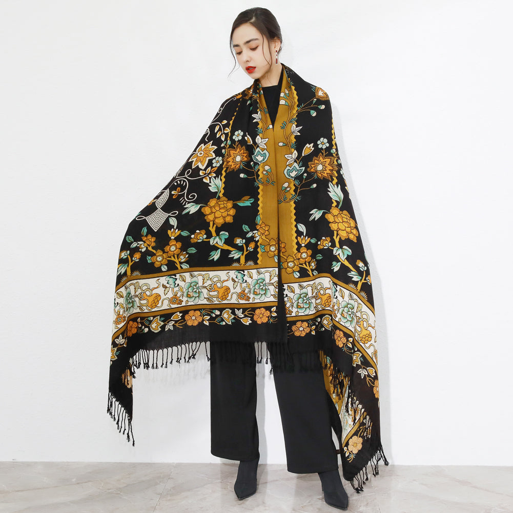 DANA XU 100% Merino Wool Extra Large Pashmina Blanket Travel Scarf Cashmere Wrap for Women Fall Winter Oversize Shawl Floral