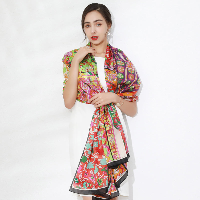 DANA XU Women's 100% Mulberry Satin Silk Pashmina Shawl Wraps Extra Large Floral Scarf for Evening Dresses, Soft Oversized