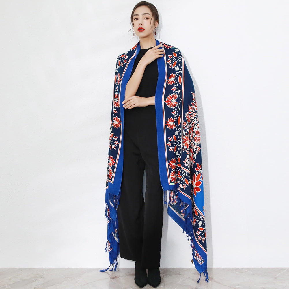 DANA XU 100% Merino Wool Extra Large Pashmina Blanket Travel Scarf Cashmere Wrap for Women Fall Winter Oversize Shawl Floral