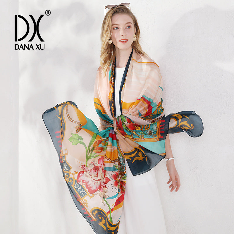 DANA XU Women's 100% Mulberry Satin Silk Pashmina Shawl Wraps Extra Large Floral Scarf for Evening Dresses, Soft Oversized