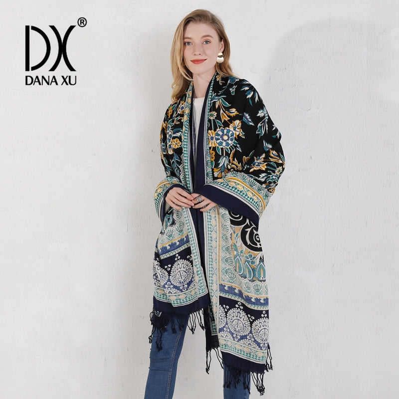 DANA XU 100% Merino Wool Extra Large Pashmina Blanket Travel Scarf Cashmere Wrap for Women Fall Winter Oversize Shawl Floral