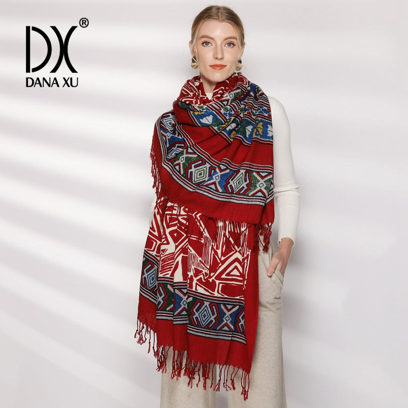 DANA XU 100% Merino Wool Extra Large Pashmina Blanket Travel Scarf Cashmere Wrap for Women Fall Winter Oversize Shawl Floral