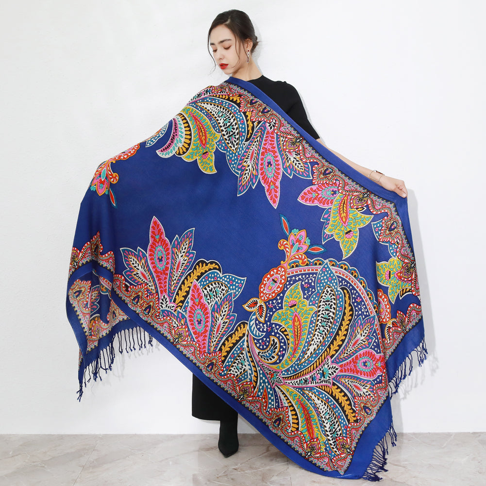 DANA XU 100% Merino Wool Extra Large Pashmina Blanket Travel Scarf Cashmere Wrap for Women Fall Winter Oversize Shawl Floral
