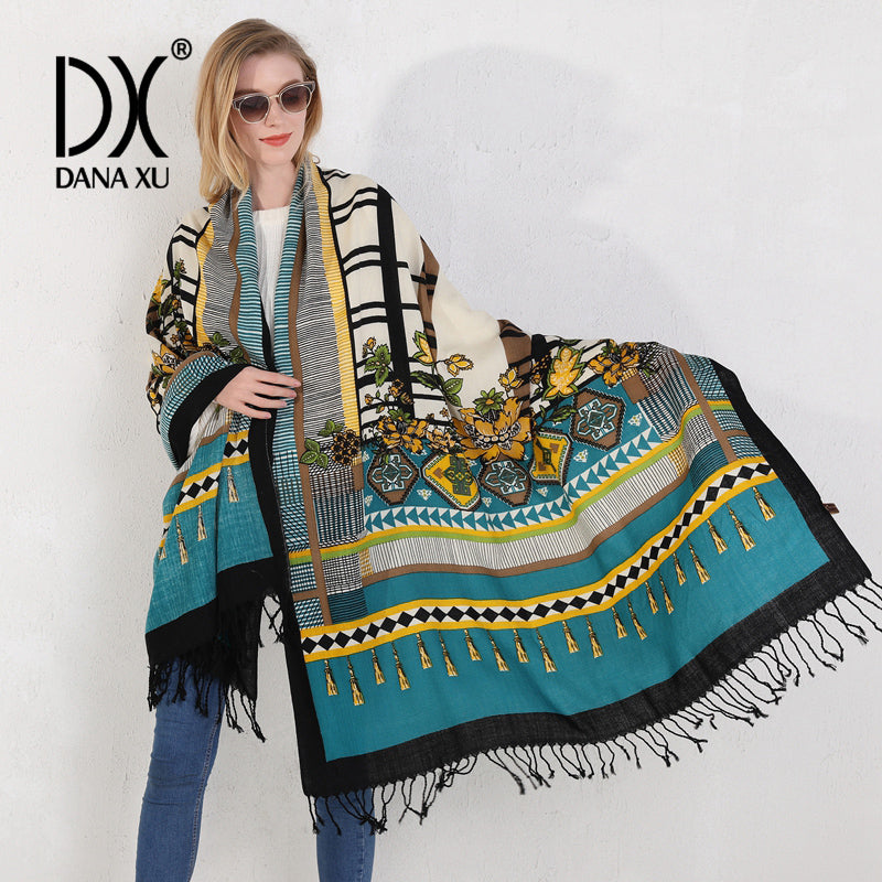 DANA XU 100% Merino Wool Extra Large Pashmina Blanket Travel Scarf Cashmere Wrap for Women Fall Winter Oversize Shawl Floral