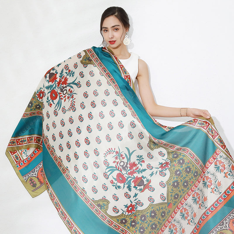 DANA XU Women's 100% Mulberry Satin Silk Pashmina Shawl Wraps Extra Large Floral Scarf for Evening Dresses, Soft Oversized