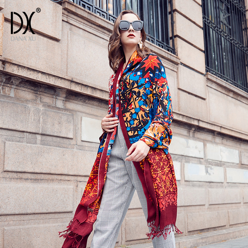 DANA XU 100% Merino Wool Extra Large Pashmina Blanket Travel Scarf Cashmere Wrap for Women Fall Winter Oversize Shawl Floral