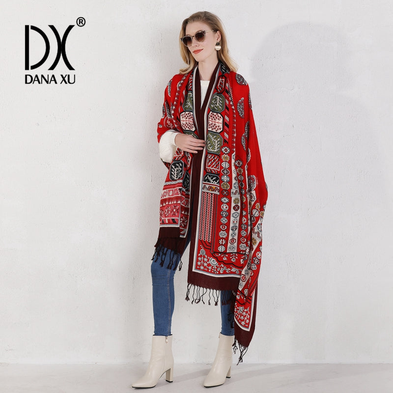 DANA XU 100% Merino Wool Extra Large Pashmina Blanket Travel Scarf Cashmere Wrap for Women Fall Winter Oversize Shawl Floral