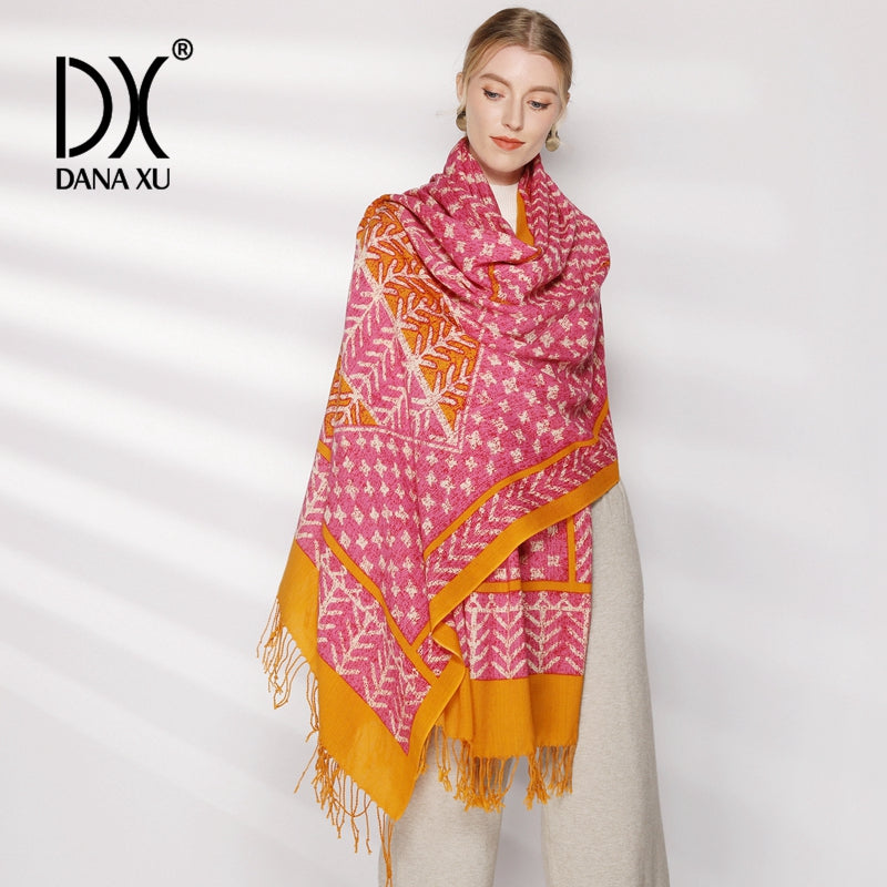 DANA XU 100% Merino Wool Extra Large Pashmina Blanket Travel Scarf Cashmere Wrap for Women Fall Winter Oversize Shawl Floral