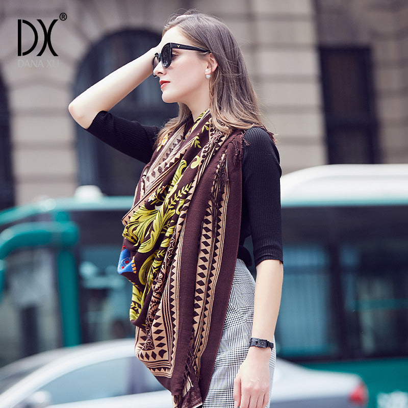 DANA XU 100% Merino Wool Extra Large Pashmina Blanket Travel Scarf Cashmere Wrap for Women Fall Winter Oversize Shawl Floral