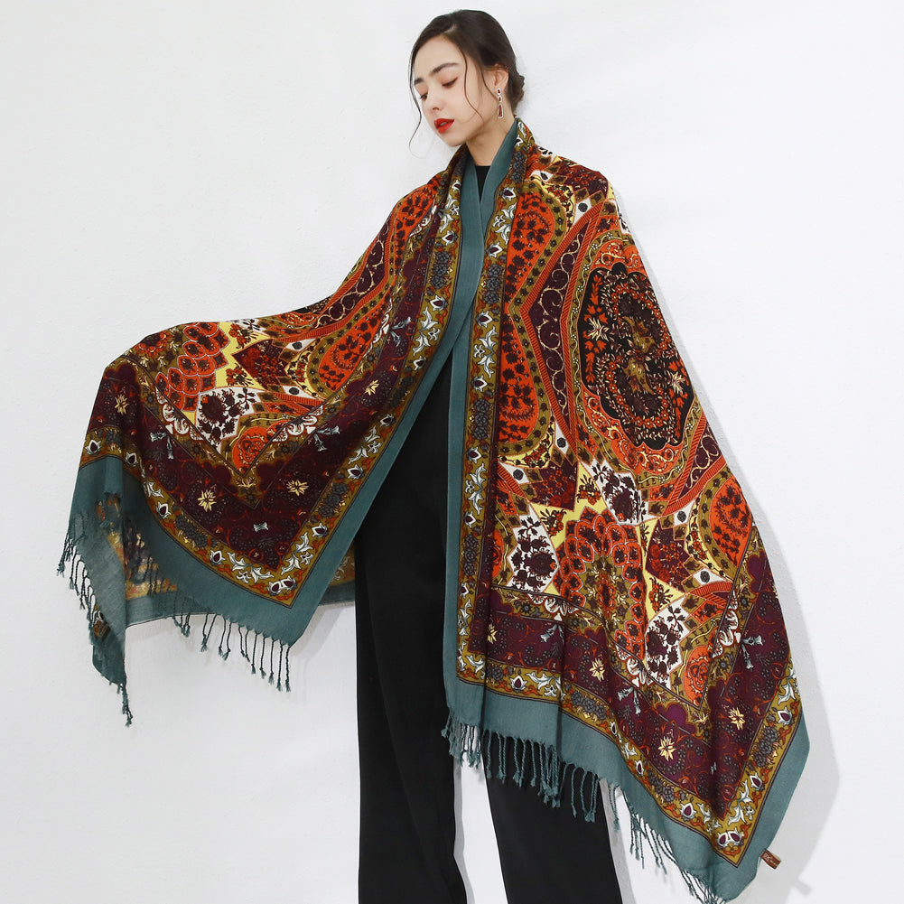 DANA XU 100% Merino Wool Extra Large Pashmina Blanket Travel Scarf Cashmere Wrap for Women Fall Winter Oversize Shawl Floral