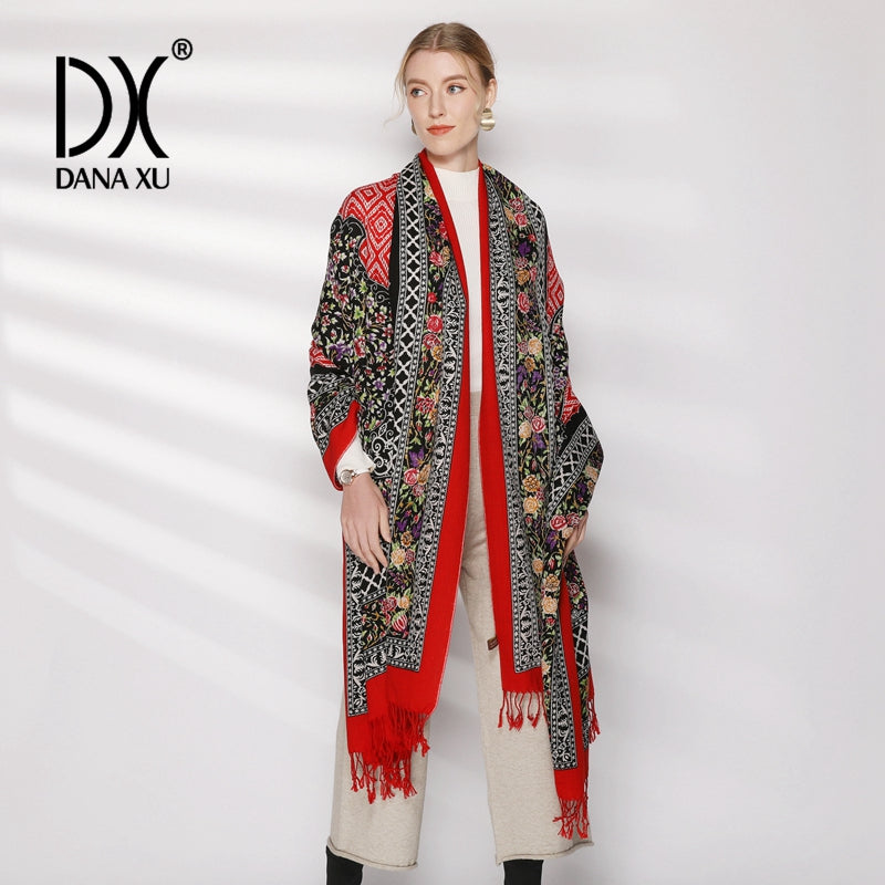 DANA XU 100% Merino Wool Extra Large Pashmina Blanket Travel Scarf Cashmere Wrap for Women Fall Winter Oversize Shawl Floral