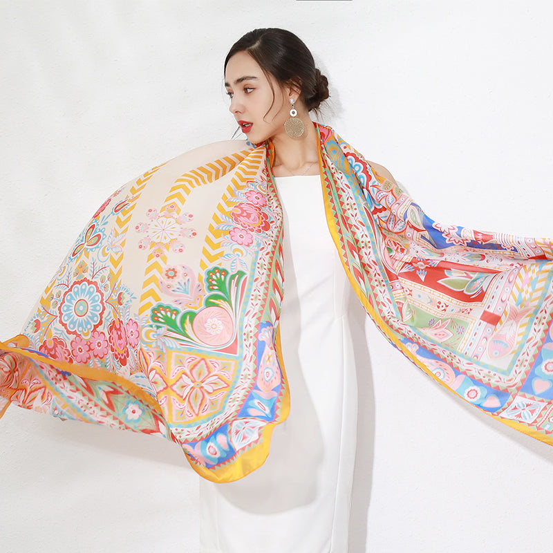 DANA XU Women's 100% Mulberry Satin Silk Pashmina Shawl Wraps Extra Large Floral Scarf for Evening Dresses, Soft Oversized