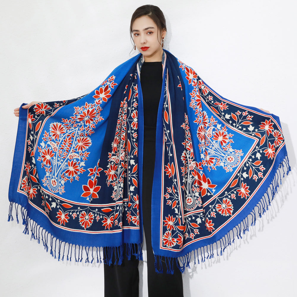 DANA XU 100% Merino Wool Extra Large Pashmina Blanket Travel Scarf Cashmere Wrap for Women Fall Winter Oversize Shawl Floral