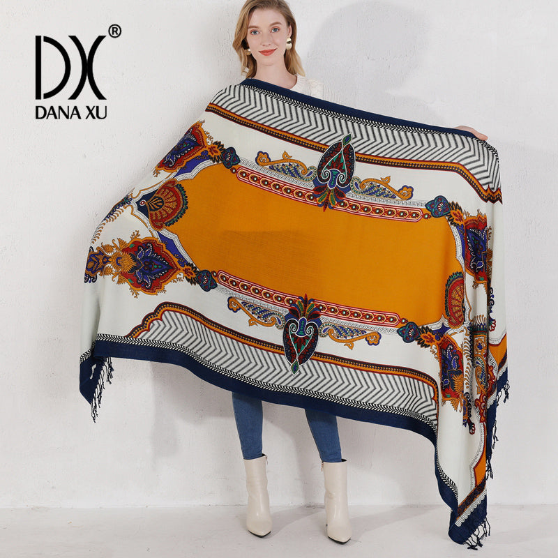 DANA XU 100% Merino Wool Extra Large Pashmina Blanket Travel Scarf Cashmere Wrap for Women Fall Winter Oversize Shawl Floral