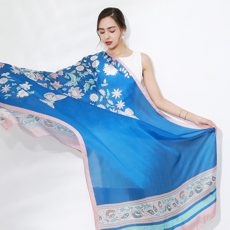 DANA XU Women's 100% Mulberry Satin Silk Pashmina Shawl Wraps Extra Large Floral Scarf for Evening Dresses, Soft Oversized