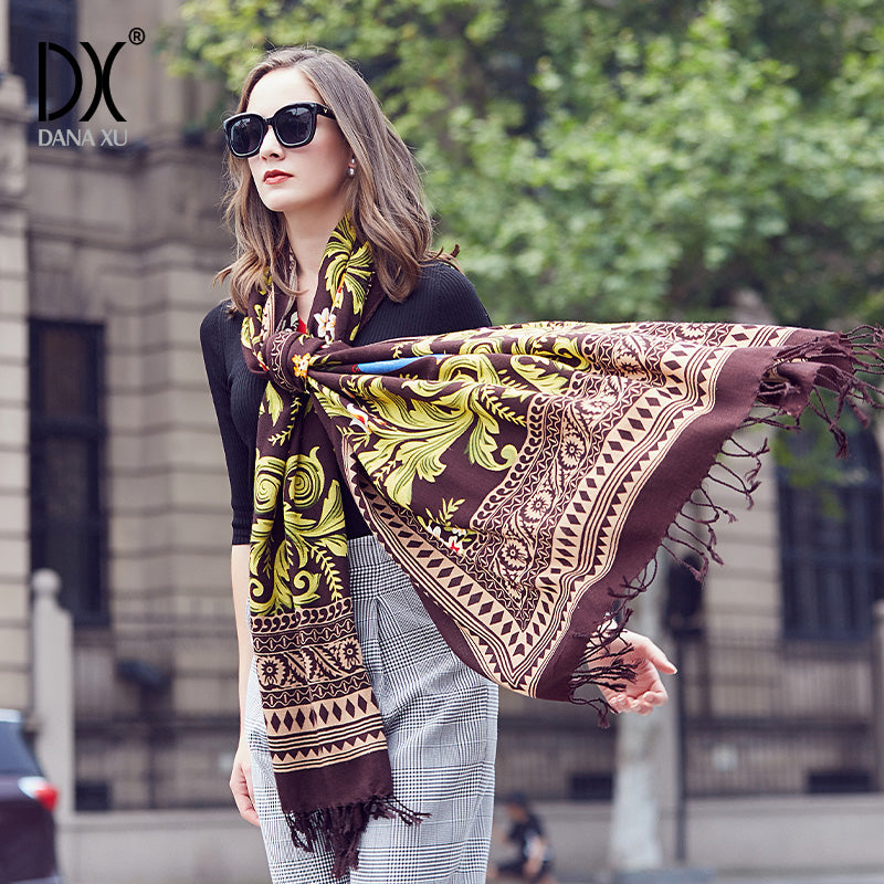 DANA XU 100% Merino Wool Extra Large Pashmina Blanket Travel Scarf Cashmere Wrap for Women Fall Winter Oversize Shawl Floral