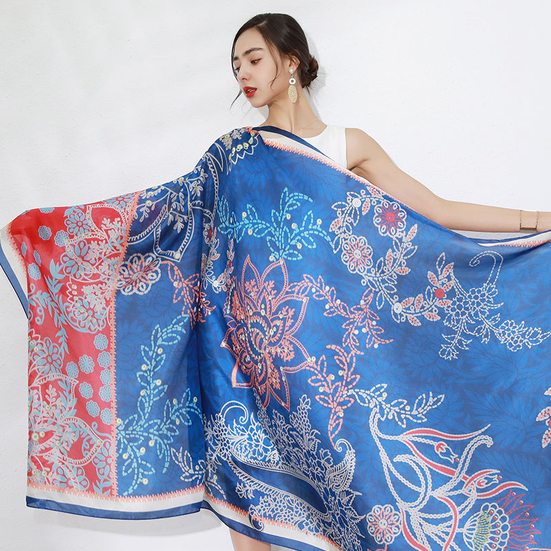 DANA XU Women's 100% Mulberry Satin Silk Pashmina Shawl Wraps Extra Large Floral Scarf for Evening Dresses, Soft Oversized