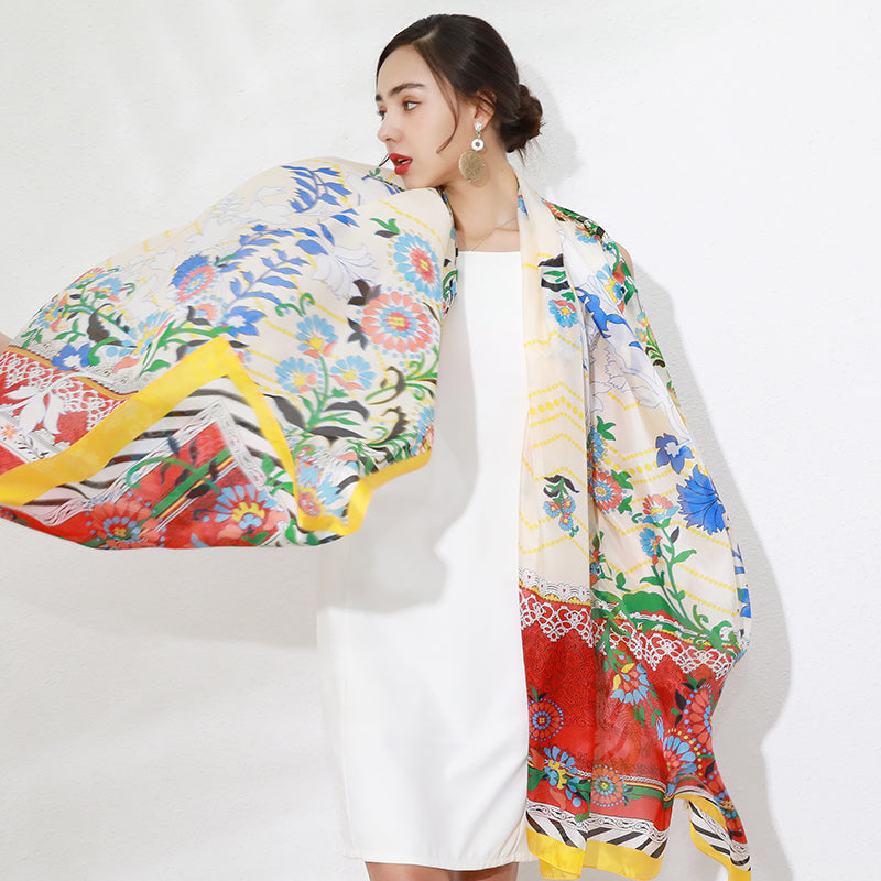 DANA XU Women's 100% Mulberry Satin Silk Pashmina Shawl Wraps Extra Large Floral Scarf for Evening Dresses, Soft Oversized