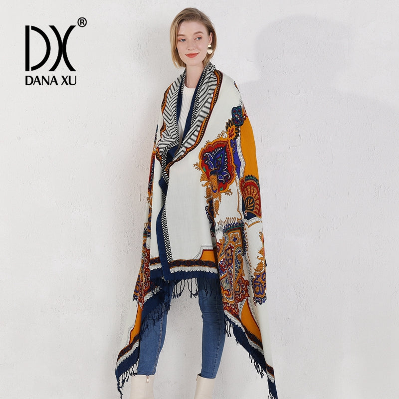 DANA XU 100% Merino Wool Extra Large Pashmina Blanket Travel Scarf Cashmere Wrap for Women Fall Winter Oversize Shawl Floral