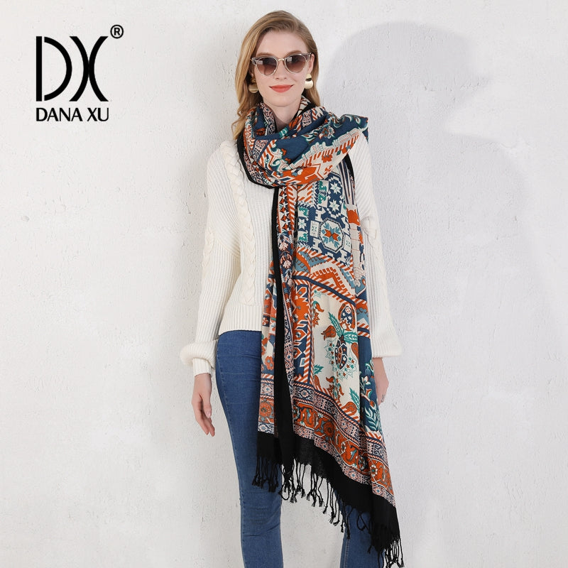 DANA XU 100% Merino Wool Extra Large Pashmina Blanket Travel Scarf Cashmere Wrap for Women Fall Winter Oversize Shawl Floral