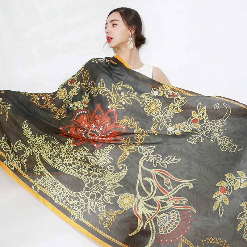 DANA XU Women's 100% Mulberry Satin Silk Pashmina Shawl Wraps Extra Large Floral Scarf for Evening Dresses, Soft Oversized