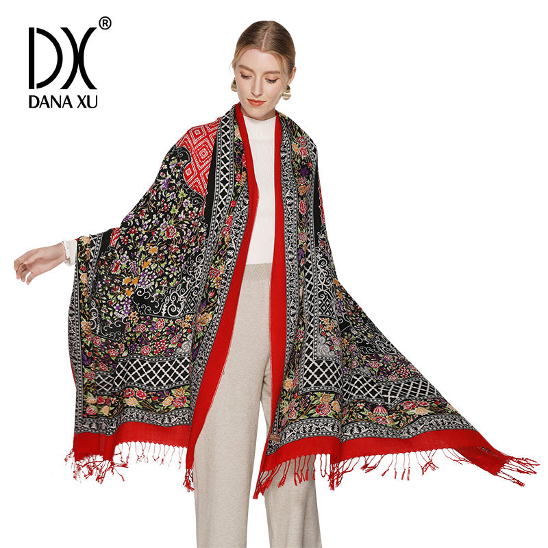 DANA XU 100% Merino Wool Extra Large Pashmina Blanket Travel Scarf Cashmere Wrap for Women Fall Winter Oversize Shawl Floral