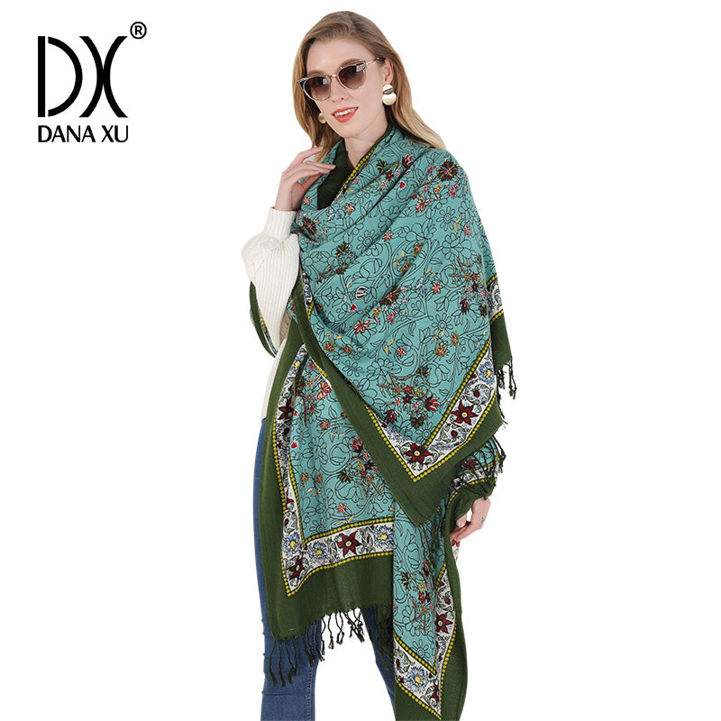 DANA XU 100% Merino Wool Extra Large Pashmina Blanket Travel Scarf Cashmere Wrap for Women Fall Winter Oversize Shawl Floral
