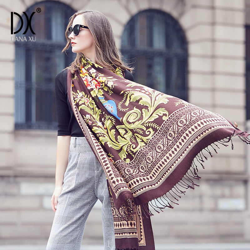DANA XU 100% Merino Wool Extra Large Pashmina Blanket Travel Scarf Cashmere Wrap for Women Fall Winter Oversize Shawl Floral