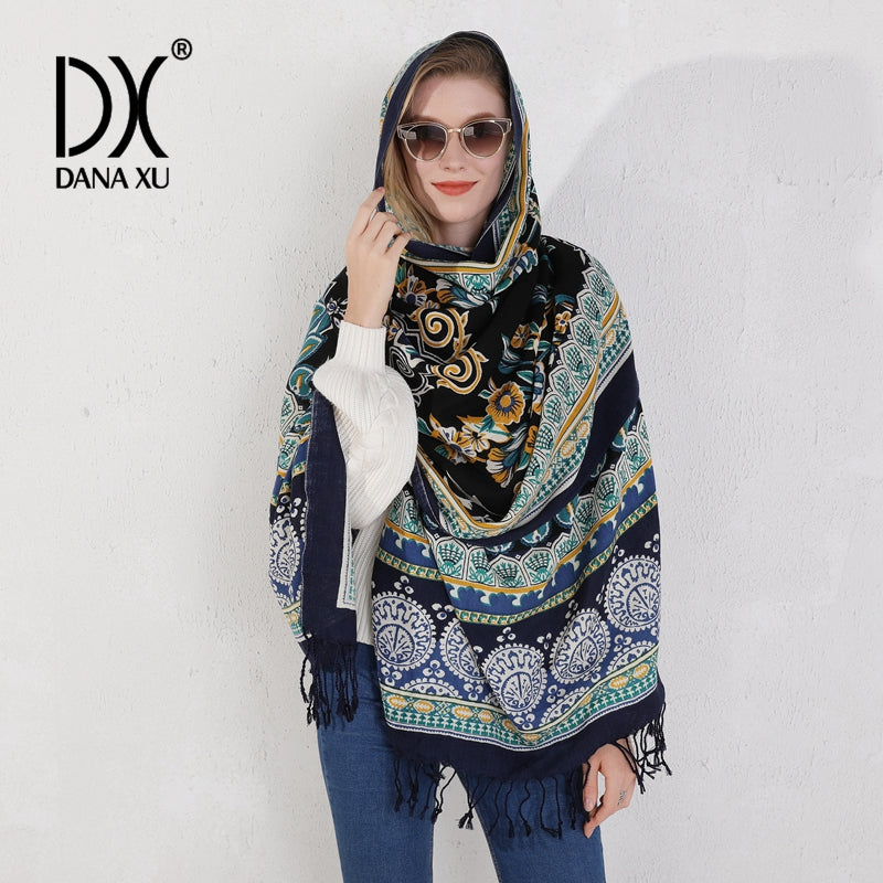 DANA XU 100% Merino Wool Extra Large Pashmina Blanket Travel Scarf Cashmere Wrap for Women Fall Winter Oversize Shawl Floral