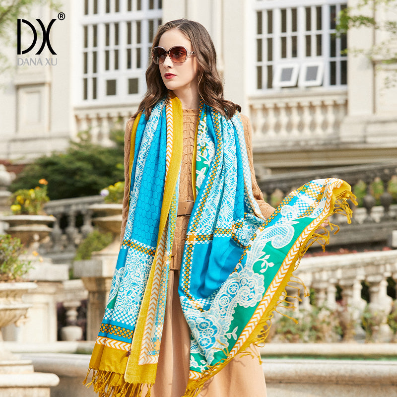 DANA XU 100% Merino Wool Extra Large Pashmina Blanket Travel Scarf Cashmere Wrap for Women Fall Winter Oversize Shawl Floral