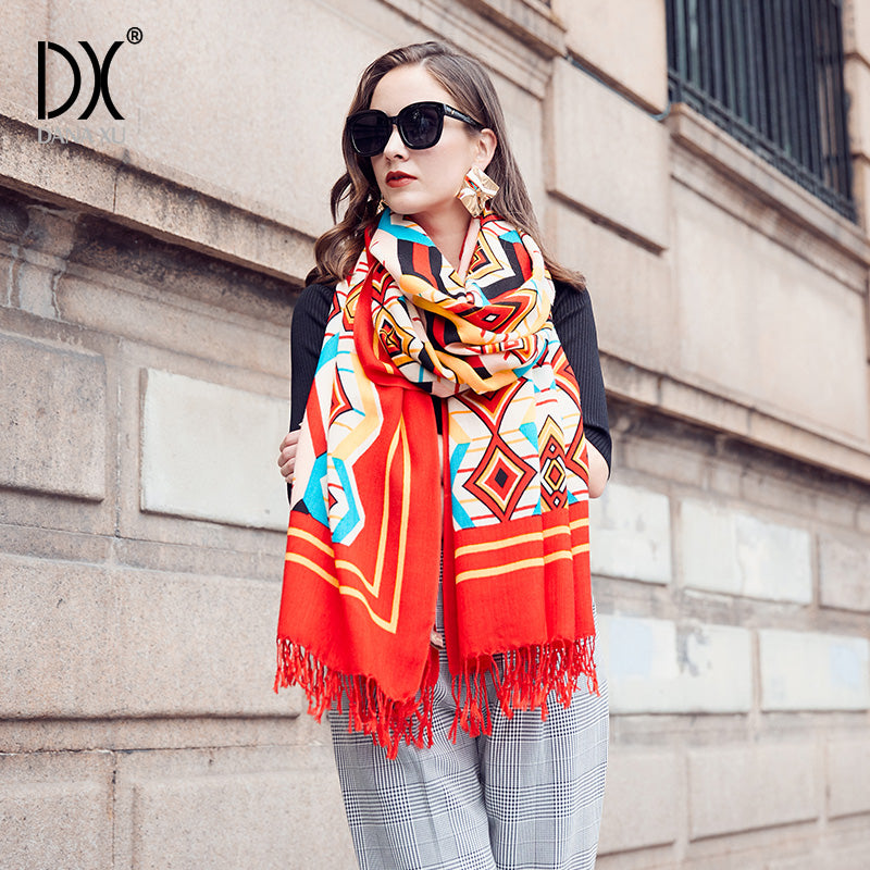 DANA XU 100% Merino Wool Extra Large Pashmina Blanket Travel Scarf Cashmere Wrap for Women Fall Winter Oversize Shawl Floral