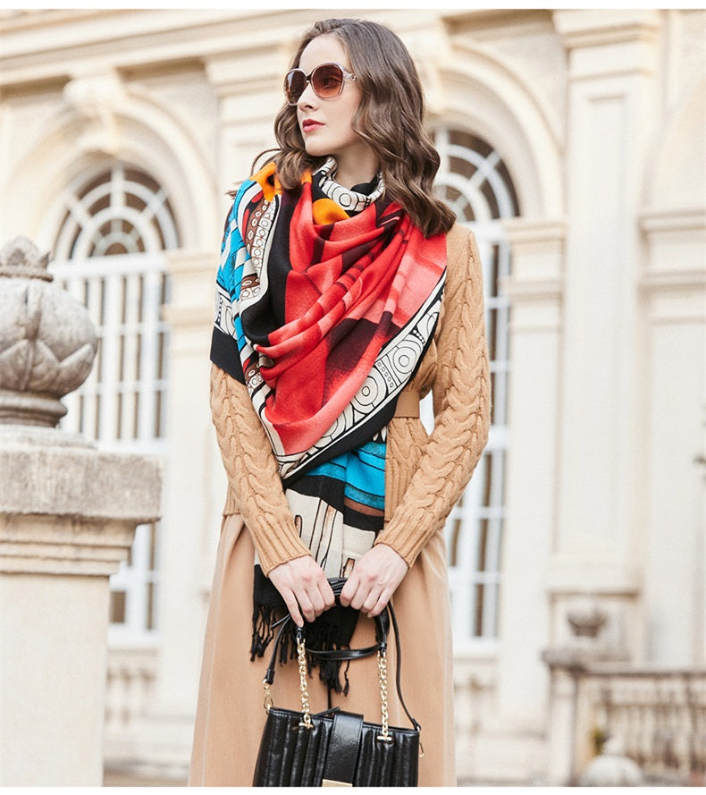 DANA XU 100% Merino Wool Extra Large Pashmina Blanket Travel Scarf Cashmere Wrap for Women Fall Winter Oversize Shawl Floral