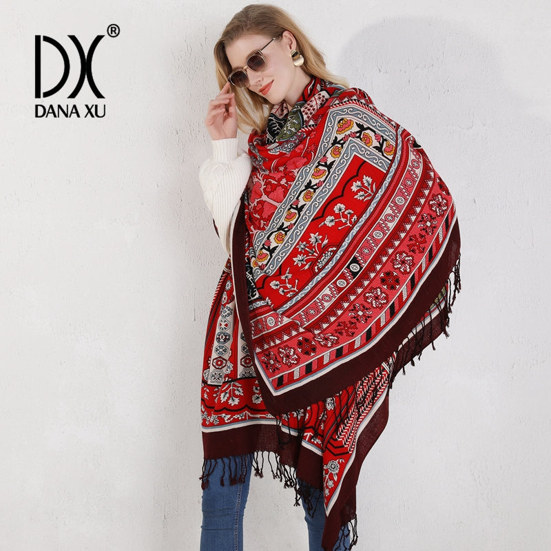 DANA XU 100% Merino Wool Extra Large Pashmina Blanket Travel Scarf Cashmere Wrap for Women Fall Winter Oversize Shawl Floral