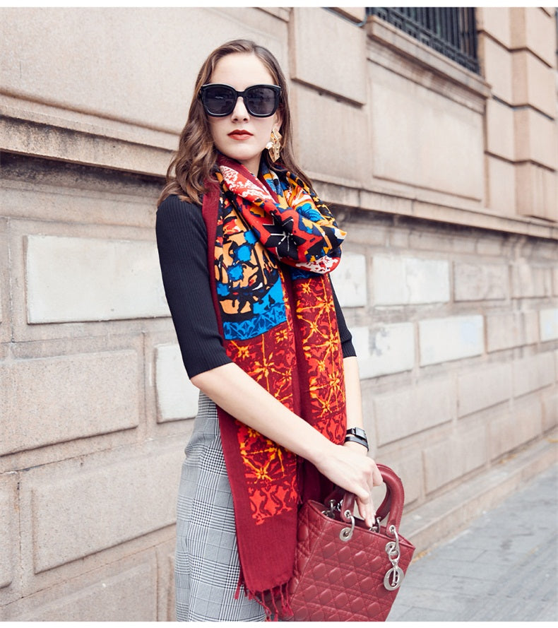 DANA XU 100% Merino Wool Extra Large Pashmina Blanket Travel Scarf Cashmere Wrap for Women Fall Winter Oversize Shawl Floral