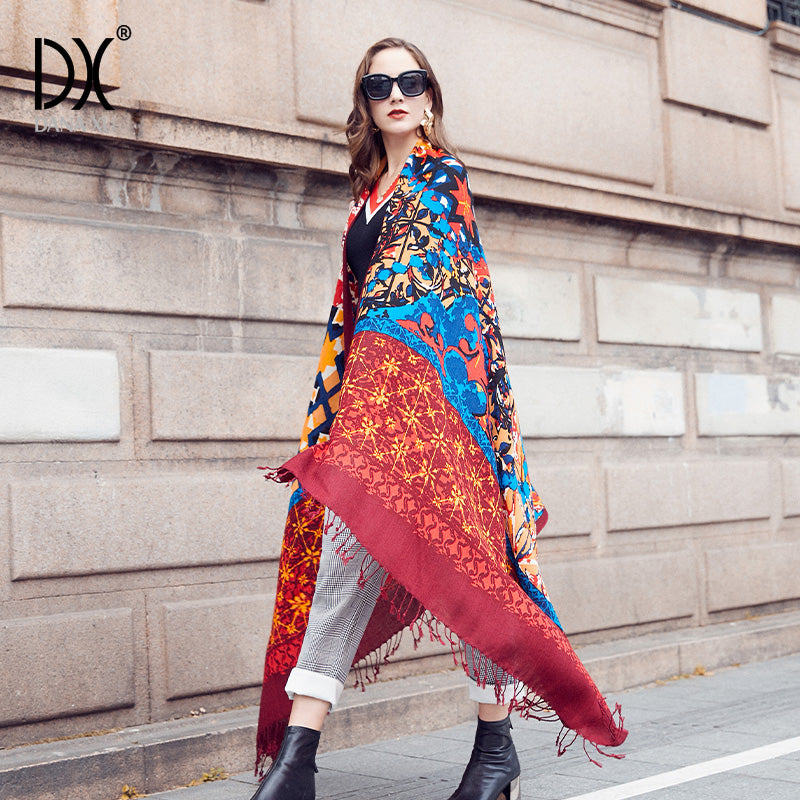 DANA XU 100% Merino Wool Extra Large Pashmina Blanket Travel Scarf Cashmere Wrap for Women Fall Winter Oversize Shawl Floral