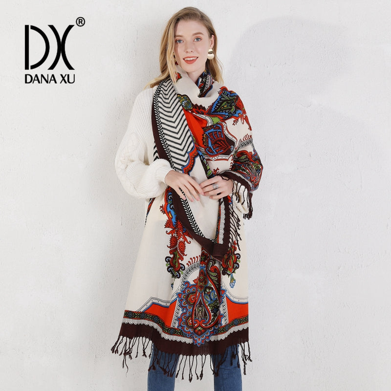 DANA XU 100% Merino Wool Extra Large Pashmina Blanket Travel Scarf Cashmere Wrap for Women Fall Winter Oversize Shawl Floral