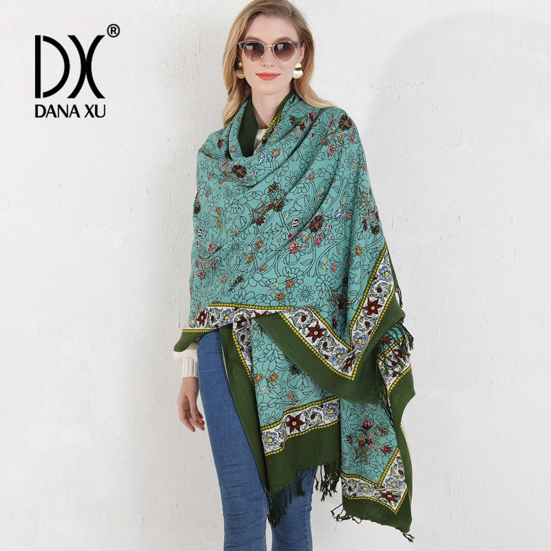 DANA XU 100% Merino Wool Extra Large Pashmina Blanket Travel Scarf Cashmere Wrap for Women Fall Winter Oversize Shawl Floral