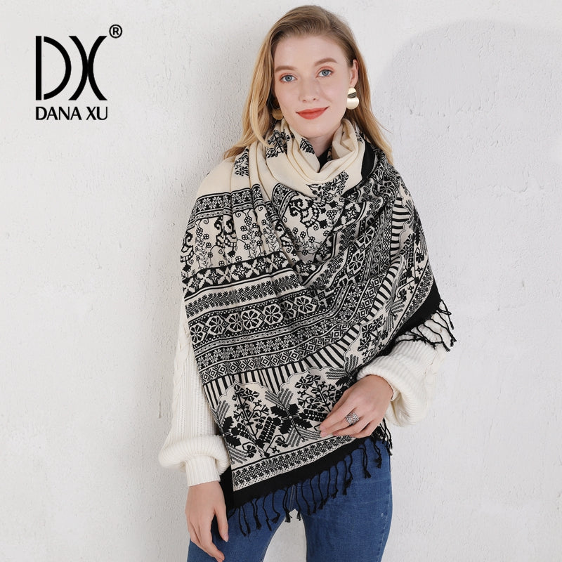 DANA XU 100% Merino Wool Extra Large Pashmina Blanket Travel Scarf Cashmere Wrap for Women Fall Winter Oversize Shawl Floral