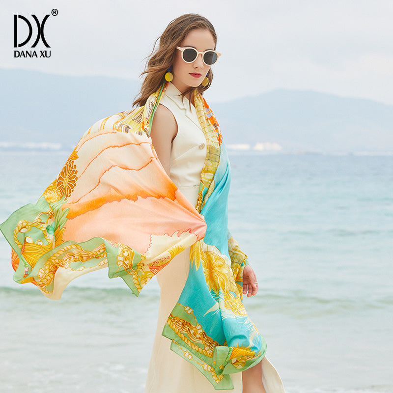 DANA XU Women's 100% Mulberry Satin Silk Pashmina Shawl Wraps Extra Large Floral Scarf for Evening Dresses, Soft Oversized