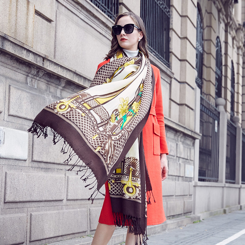 DANA XU 100% Merino Wool Extra Large Pashmina Blanket Travel Scarf Cashmere Wrap for Women Fall Winter Oversize Shawl Floral