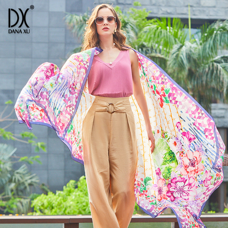 DANA XU Women's 100% Mulberry Satin Silk Pashmina Shawl Wraps Extra Large Floral Scarf for Evening Dresses, Soft Oversized