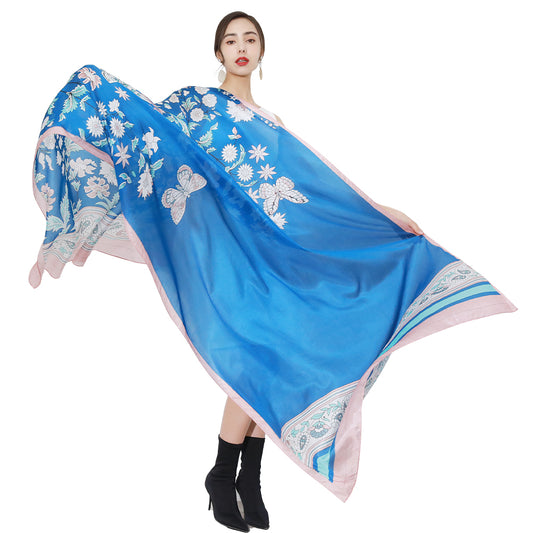 DANA XU Women's 100% Mulberry Satin Silk Pashmina Shawl Wraps Extra Large Floral Scarf for Evening Dresses, Soft Oversized