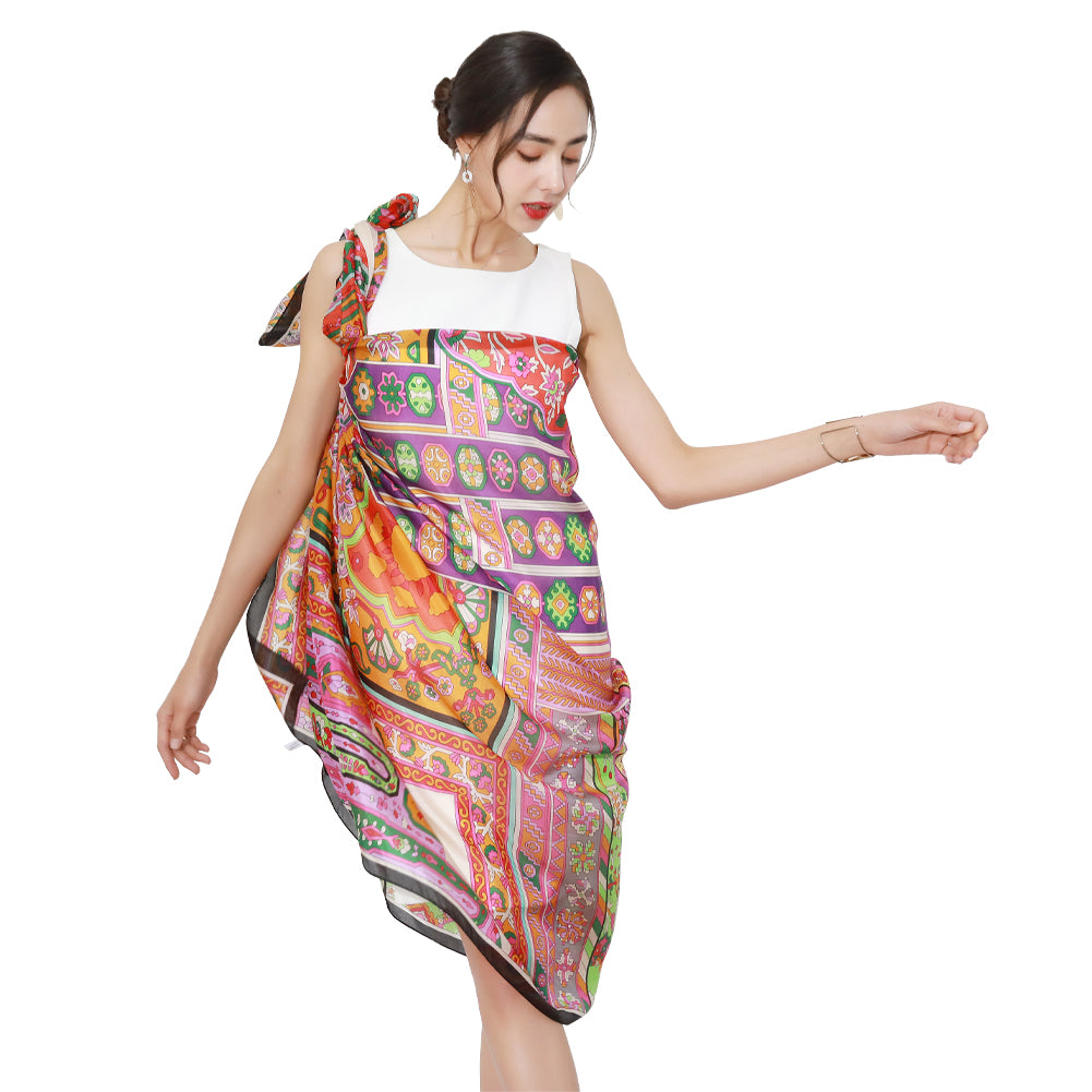 DANA XU Women's 100% Mulberry Satin Silk Pashmina Shawl Wraps Extra Large Floral Scarf for Evening Dresses, Soft Oversized