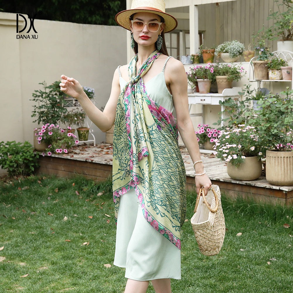 DANA XU Women's 100% Mulberry Satin Silk Pashmina Shawl Wraps Extra Large Floral Scarf for Evening Dresses, Soft Oversized